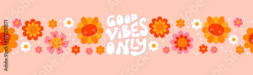 Cute hand drawn seamless border with vintage groovy daisy flowers. Happy retro floral vector background surface design, textile, stationery, wrapping paper, covers. 60s, 70s, 80s style