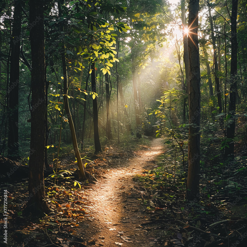 Fototapeta premium A trail meanders through dense woods illuminated by sunlight filtering through the leaves a path of wonder