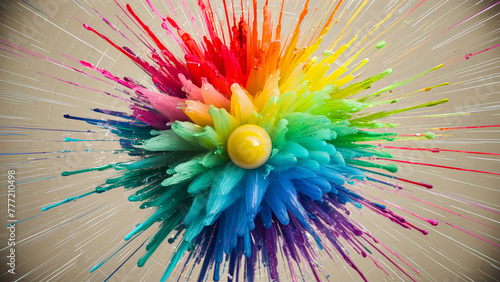 This image depicts a vibrant 3D rendering of a radiant color explosion, originating from a central yellow sphere. The full spectrum burst symbolizes creativity and exudes dynamic energy. photo