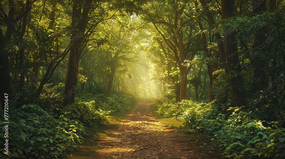 Sunlight pierces the canopy casting a mosaic of light and shadow on a dense woodland trail inviting exploration