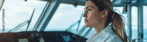 On the bridge an empowered female maritime professional oversees operations her leadership unwavering against the horizon