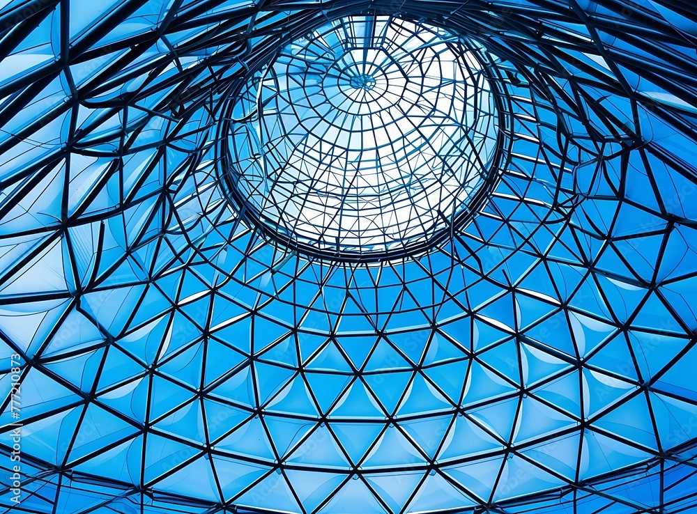 Modern glass dome ceiling structure with steel mesh, featuring intricate geometric patterns and blue color tones