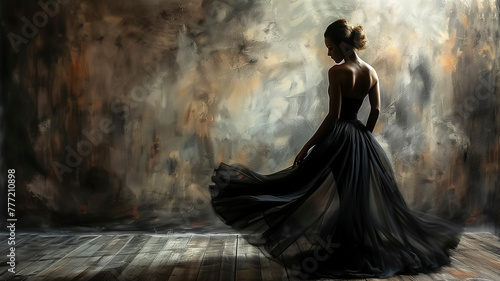 A poised ballerina in mid-pirouette, her black flowing dress creating a striking silhouette against a dark backdrop
