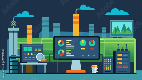 An image of a manufacturing plants control room with screens and monitors displaying carbon footprint data and performance indicators.