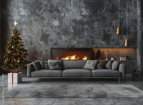 Modern gray sofa near fireplace against concrete wall with Christmas tree and lamps