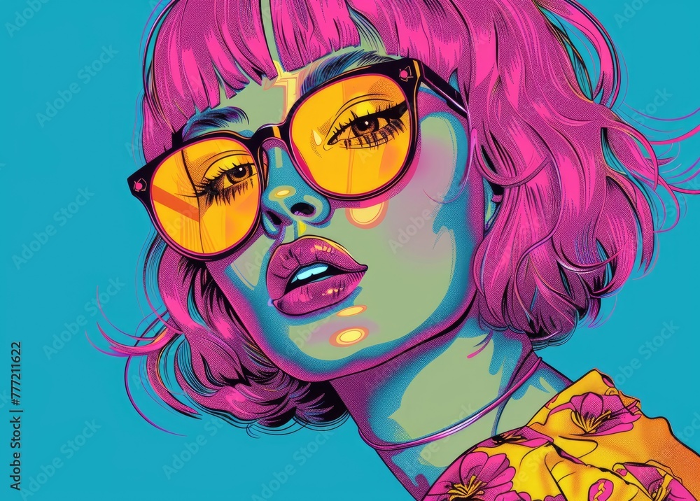 Vibrant Pop Art - Pink Hair and Sunglasses, illustration of a woman with striking pink hair and oversized glasses, set against a vivid turquoise background, embodies a bold pop art aesthetic