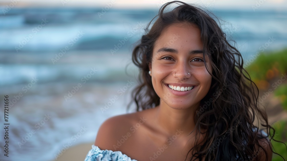 Capture a delightful moment of a happy, beautiful young woman smiling at the beachside. Illustrate the joy of a girl enjoying a sunny day out, embodying the concept of a healthy lifestyle. Capture a delightful moment of a happy, beautiful young woman smiling at the beachside. Illustrate the joy of a girl enjoying a sunny day out, embodying the concept of a healthy lifestyle.