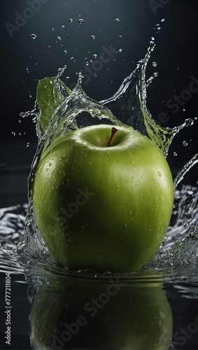 green apple falling into water on a white background with splashes, drops and bubbles. ai generated