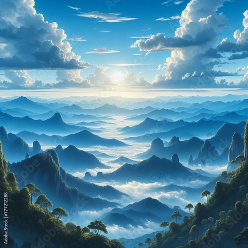 A tranquil sunrise scene showcasing a mystic, mountainous terrain. The image captures differing layers of mist-covered peaks while fluffy clouds linger low above the surface. There is lush green ... #777212288
