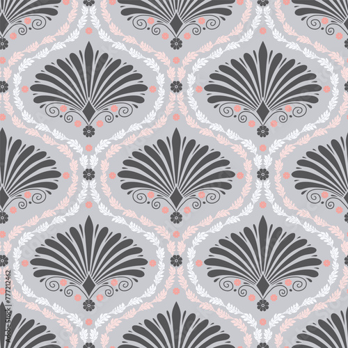 Seamless pattern with dark gray anthemion floral shapes and ogee geometrical motifs on a gray background. Classic abstract repeat wallpaper.
