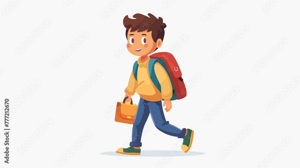 Cartoon happy school boy carrying backpack flat vector