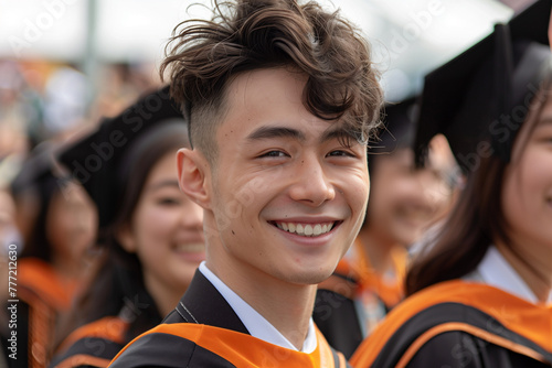 Young graduate smiling among peers at commencement. Generative AI image photo