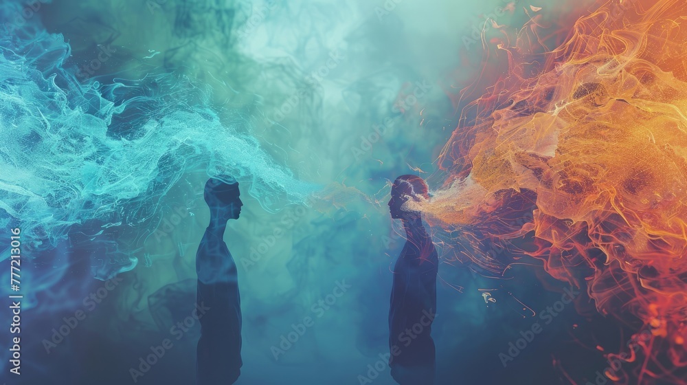 Conceptual Telepathy Between Two Silhouettes, Abstract representation of two human silhouettes connecting through colorful telepathic waves, symbolizing communication and mind link