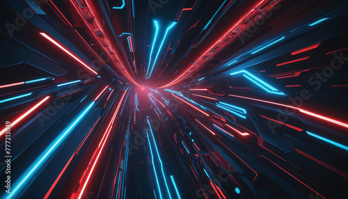 Futuristic abstract gaming wallpaper, red and blue neon lines, glowing, motion bright colors