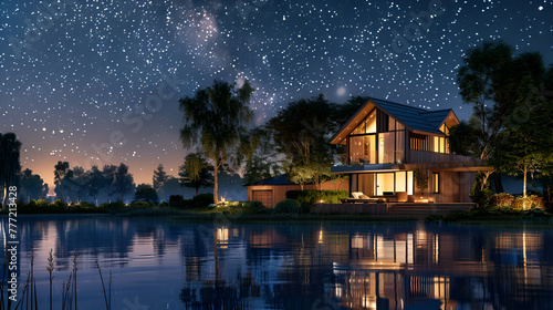 a modern house with exterior lighting and a view of the night sky,modern cozy house with pool and parking for sale or rent in luxurious style beautiful landscaping