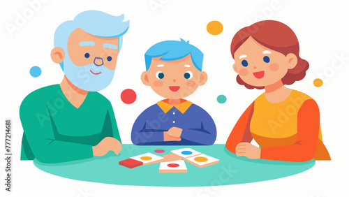 Three generations of family members sitting in a circle eagerly strategizing and competing in a board game their eyes bright with excitement.