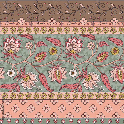 Floral seamless border pattern with indian trailing flowers motifs. Persian earthy boho chic repeat background. Tribal neutral textile print.