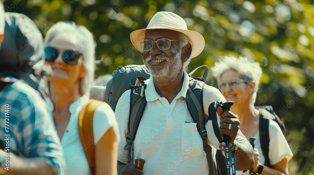 A 60-year-old dark-skinned man wearing a hat participates in summer group hiking.