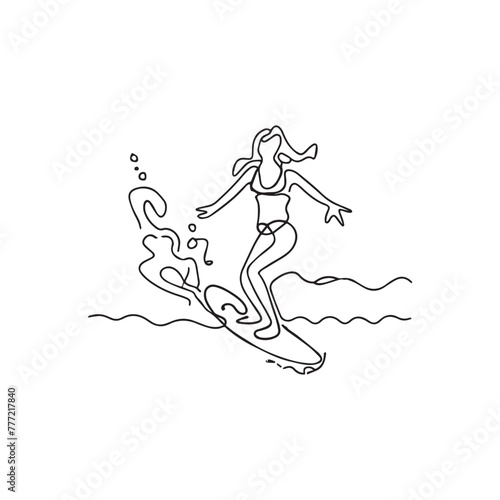 Minimalistic man surfing on a surfboard in the blue waves