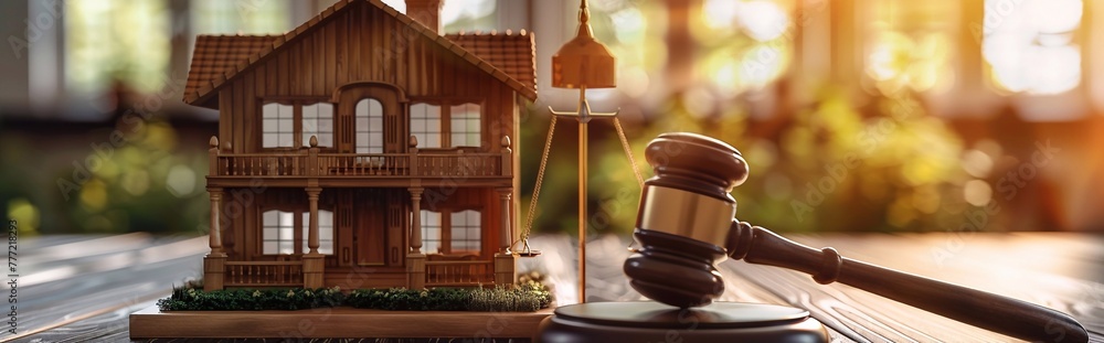 House and judge gavel on clean more empty copy space. Building legislation. Buying, selling housing. Lease contract. Property division. Home confiscation, sale of real estate property seizure. House and judge gavel on clean more empty copy space. Building legislation. Buying, selling housing. Lease contract. Property division. Home confiscation, sale of real estate property seizure.