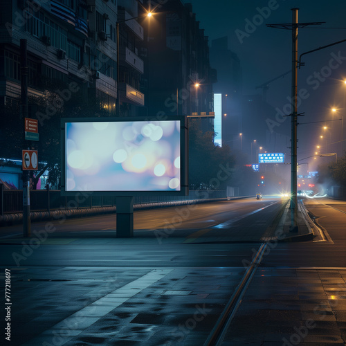 Urban Night Scene with Blank Billboard Ready for Advertising on a Deserted Street