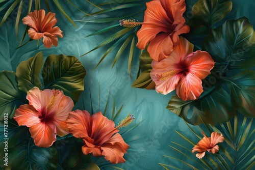 Radiant hibiscus motifs intertwine against a backdrop of tropical teal, creating a captivating display of abstract culinary elegance.