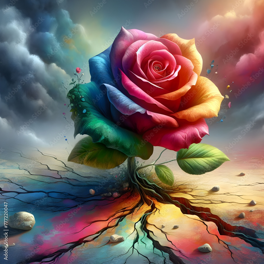 Rainbow roses. Colorful roses grow on barren land. Beautiful in challenging environments. Roses
