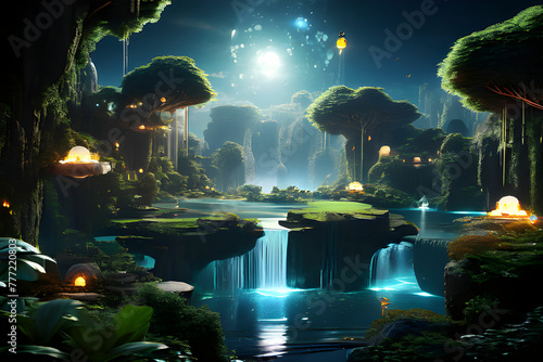 imaginative landscape with floating trees, dreamlike waterfalls, and light shining 