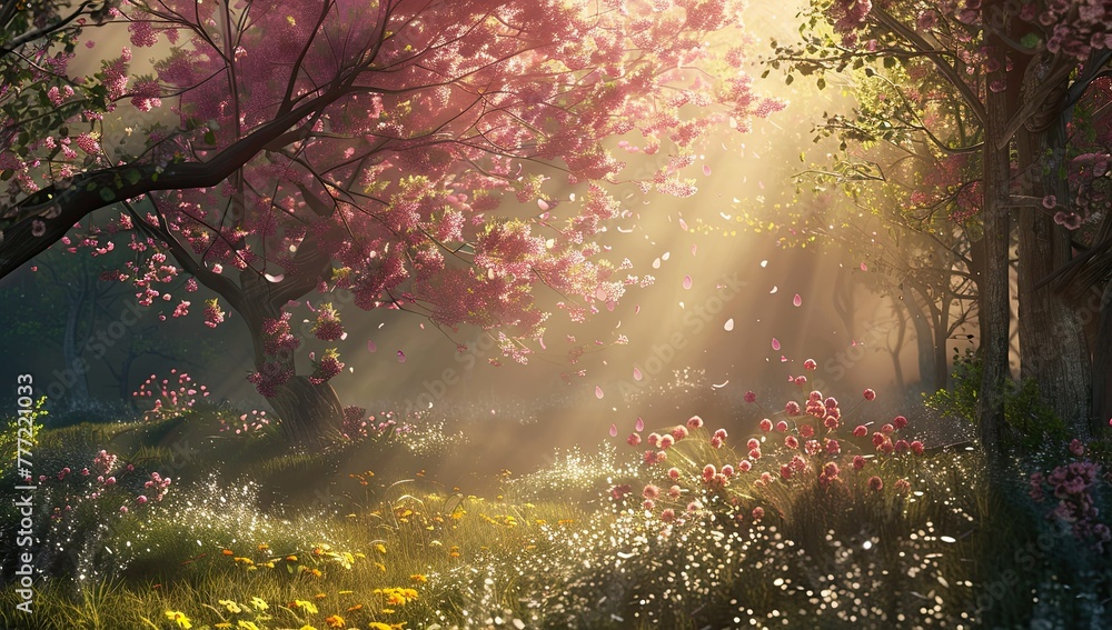 Sunlight shining through blossoming trees, filtering through newly opened buds. The rays of the sun are filled with forest aura.