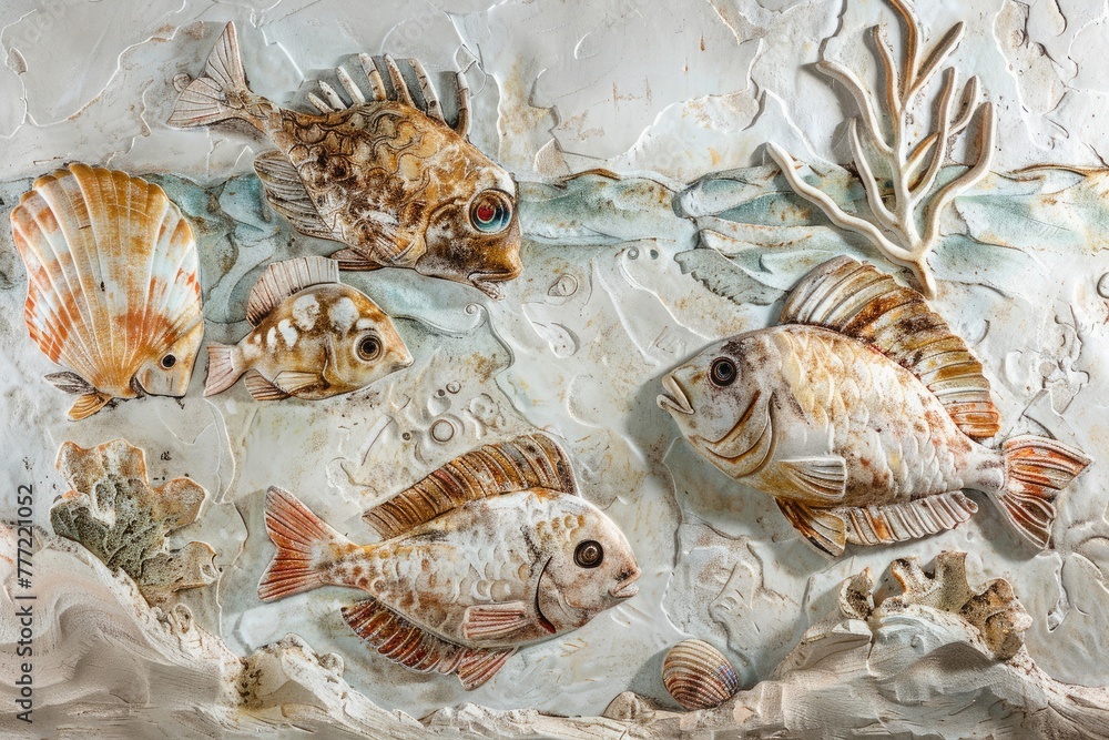 Obraz premium Radiant abstract seafood motifs, evoking the flavors of fresh fish and succulent shellfish, adorn a backdrop of pure white, inviting the viewer to savor the bounty of the ocean.