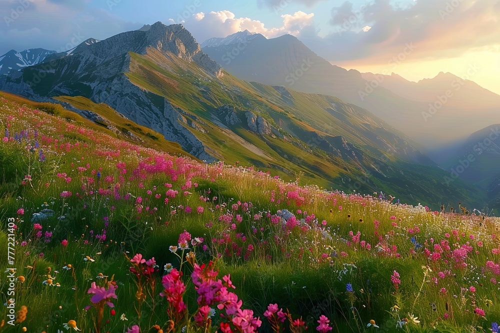 The scenery is the mountains decorated with colorful flowers, shrouded in clouds in the distance.