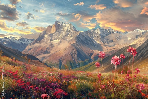 The scenery is the mountains decorated with colorful flowers, shrouded in clouds in the distance.