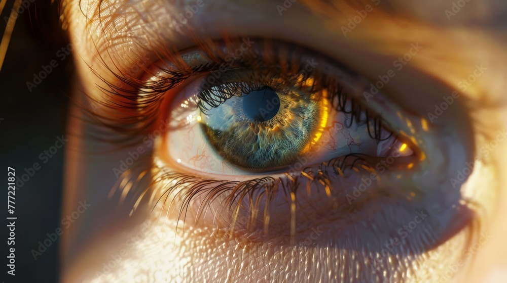 eyes close up photorealistic cinematic blue and gold colours