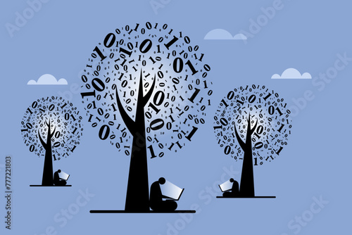 Conceptual illustration of people sitting under a digital tree and using laptop computers