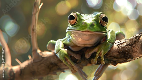 Perched on a tree branch, the cartoon frog observes the world below, its eyes wide with curiosity.