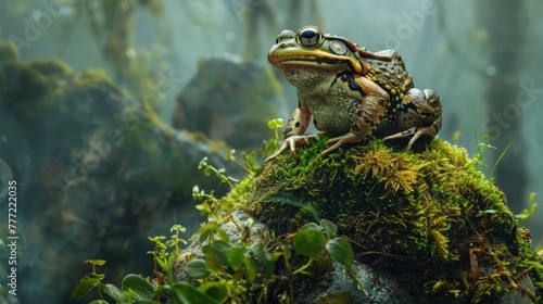 Perched atop a moss-covered rock, a frog surveys its domain with an air of regal authority, its gaze unwavering and commanding. © Ambreen