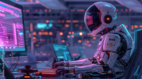 Tomorrow's Technologist: A Robotic Genius at the Helm of a Futuristic Command Console photo
