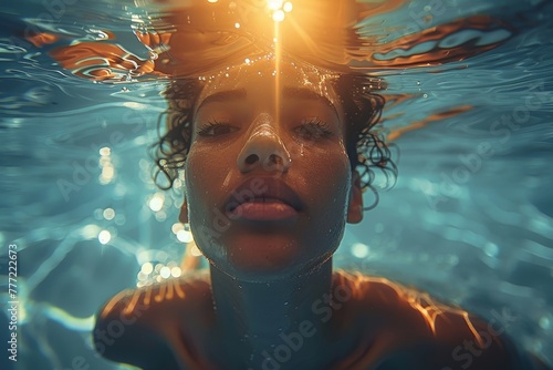 A woman's face half-submerged in water, facing the sun's light rays filtering through © Larisa AI