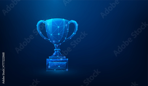 business trophy success low poly wireframe on blue background. championship and achievement concept. vector illustration fantastic digital design.