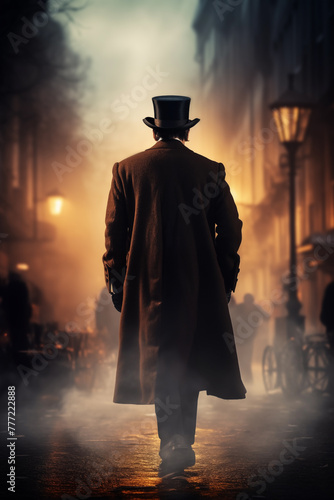 Amidst the flickering streetlights and fog, a mysterious silhouette roams the city alley, evoking the aura of a private detective from a cinematic historical thriller set in the 19th or 18th century