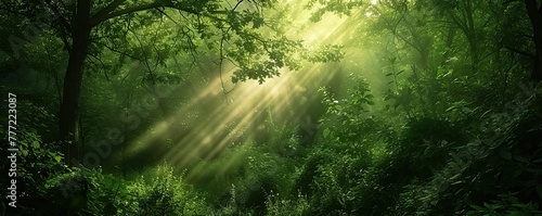 Sunlight shining through the green trees, filtering through the leaves. The rays of the sun are filled with forest aura.