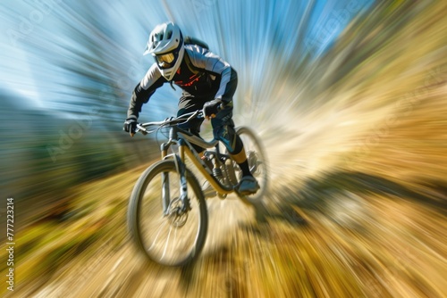 Speed blur of male mountain bike cyclist going downhill