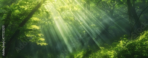 Sunlight shining through the green trees, filtering through the leaves. The rays of the sun are filled with forest aura.