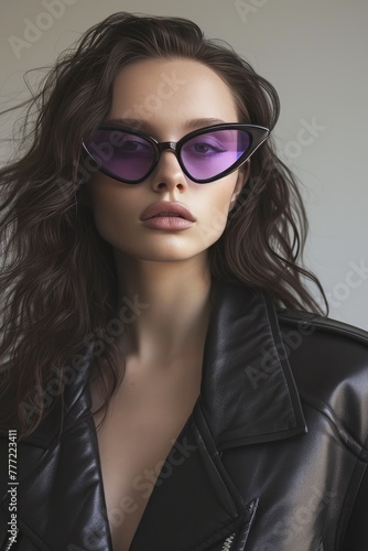 Wallpaper Mural Fashionable Leather: Brunette Model in Black Shades Torontodigital.ca