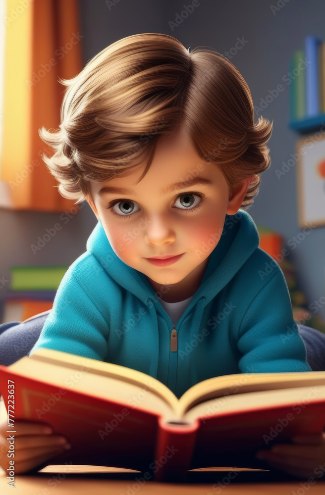 A small cute boy with light brown hair and gray eyes holds a book and looks soulfully into the camera, illustration, cartoon, 3D graphics. A small cute boy with light brown hair and gray eyes holds a book and looks soulfully into the camera, illustration, cartoon, 3D graphics.