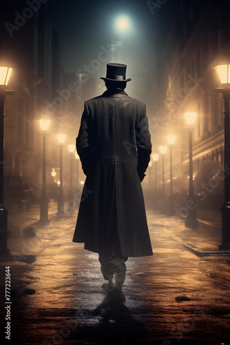 Through the fog-drenched streets, a lone figure, reminiscent of a cinematic historical thriller protagonist, dons a black coat and top hat, wandering the city alley in solitude and mystery
