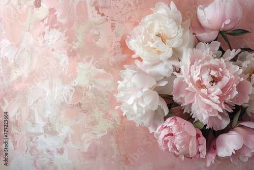 Lush peony motifs bloom against a backdrop of blush pink, infusing the scene with the delicate beauty of abstract culinary artistry.