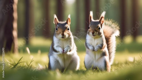 Two curious gray and white little squirrels sit full-face and look at the camera against a blurred background of a green forest in pastel colors. photo