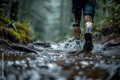 A dynamic close-up view of a trail runner's foot splashing through water on a forest path, conveying action