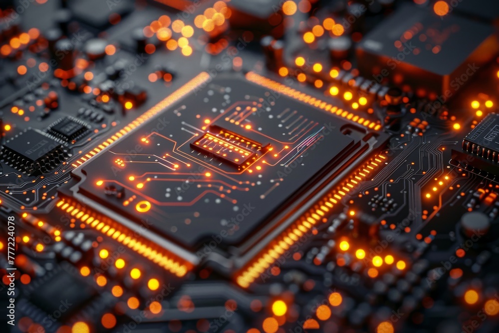 Close-up shot of a circuit board highlighting the complexity and intricacies of modern electronics and technology Close-up shot of a circuit board highlighting the complexity and intricacies of modern electronics and technology